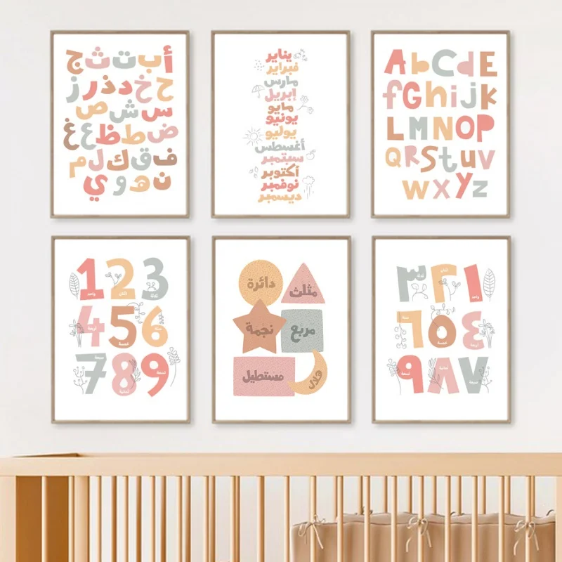 Resin Art Class - Poster Educativo Arabo-Inglese con Alfanumeri, Mesi