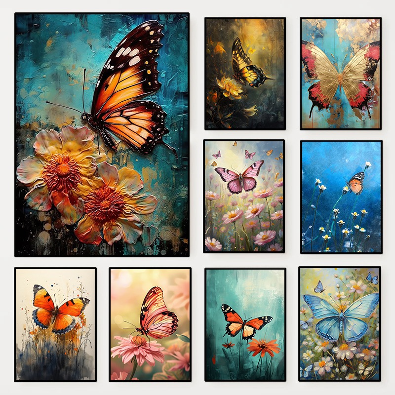 Resin Art Flowers - Poster Floreale con Farfalle, Stampa Artistica